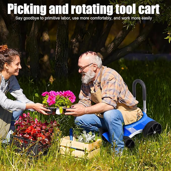 Garden Trolley Rolling Seat with Wheels - Adjustable Backrest Multifunctional Gardening Chair for Outdoor Use Patio Garden and Yard - Blue Gardenin