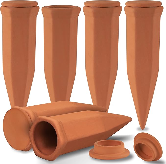 Large Terracotta Watering Spikes with Lids Automatic Plant Waterer Outdoor | Indoor Vacation Friendly Clay Plant Watering Devices System Slow Release Self Watering Planter Insert 6 Pack