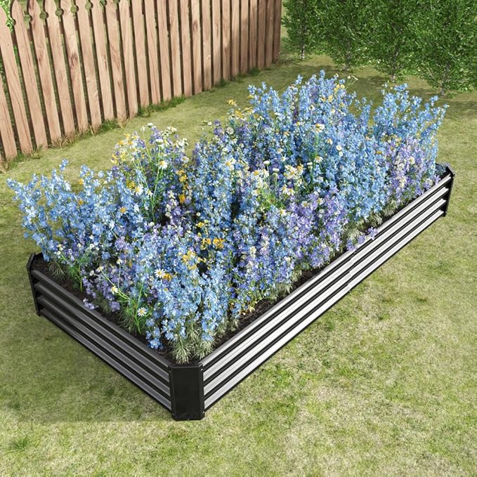 Metal Raised Garden Bed for Outdoor Use 6 ft x 3 ft x 1 ft Rectangle Planter Box for Vegetables Flowers and Herbs - Silver (Black with 8x4x1ft)