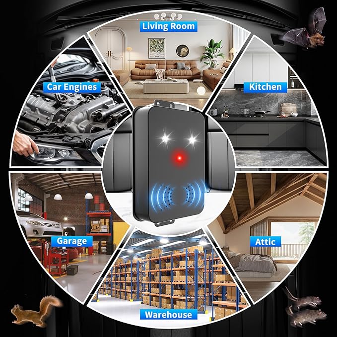 2026 New Ultrasonic Mouse Rodent Repellent for Car Engines3-in-1 Electronic Repellent Devices with Smart Detection Strobe Light Control for Rodent Mice Rat Squirrelfor House Garage Attic2 Pack