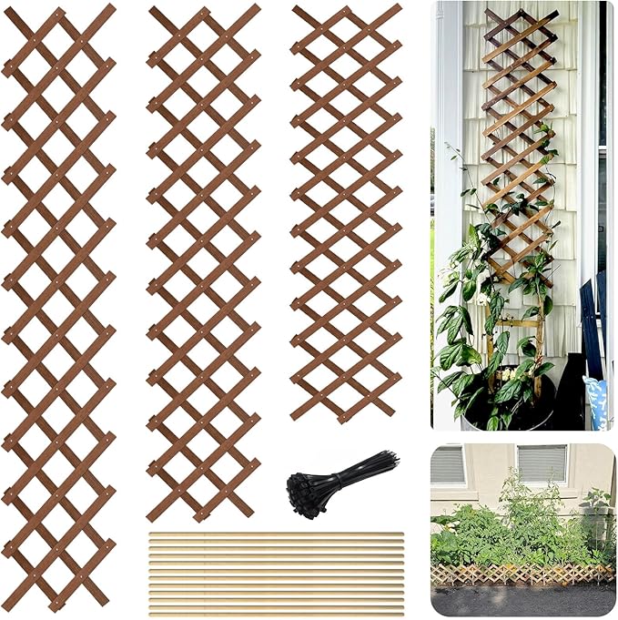 Expandable Wooden Lattice Trellis Outdoor Decorative Fence Panels for Climbing Plants Vine Ivy Rose Support Balcony Wall Decor Yard Landscape Edging Patio Divider Animal Barrier (3 Pack)