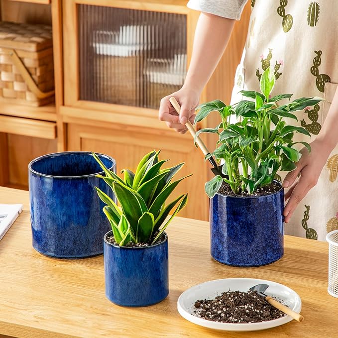 vancasso Ceramic Plant Pots 4.25+5.25+6.25 Inch Planter Pot with Drainage Hole Flower Pots for Indoor Outdoor Plants Set of 3 Blue