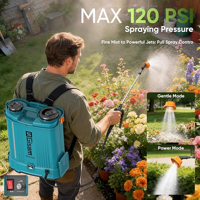 5.3Gal Battery Powered Backpack Sprayer 120PSI Adjustable Pressure Electric Sprayer Dual Batteries Telescopic Wand &amp Corrosion-Resistant Wand 5 Nozzles Sprayer for Planting Lawn Yard Garden