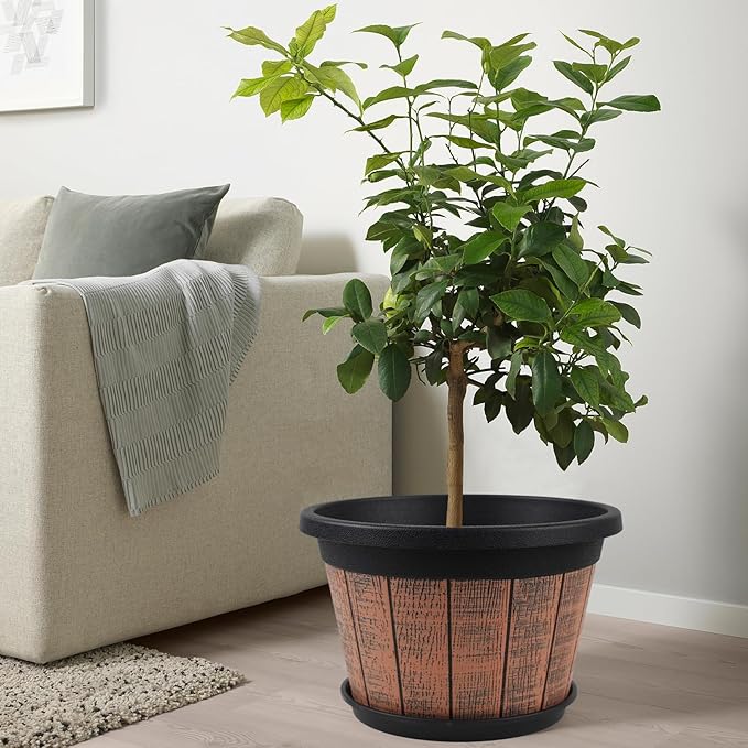 Quarut Large 4 Pack 16 inch Plant PotsWhiskey Barrel Planters with Drainage Holes &amp SaucerPlastic Decoration Flower Pots Retro DesignPlanters for Outdoor Indoor Garden Balcony Plants (Brown)