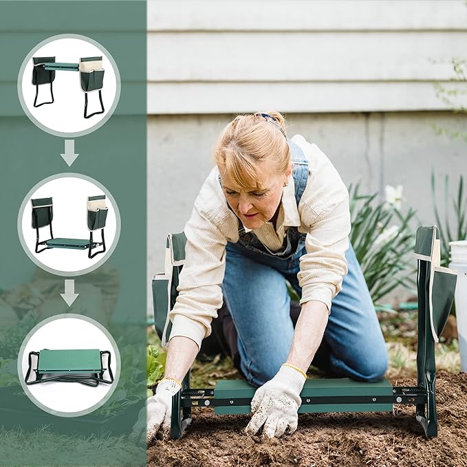 Heavy Duty Garden Stool and Kneeler Outdoor Garden Bench Seat with Tool Bags Soft Kneeling Pad Portable