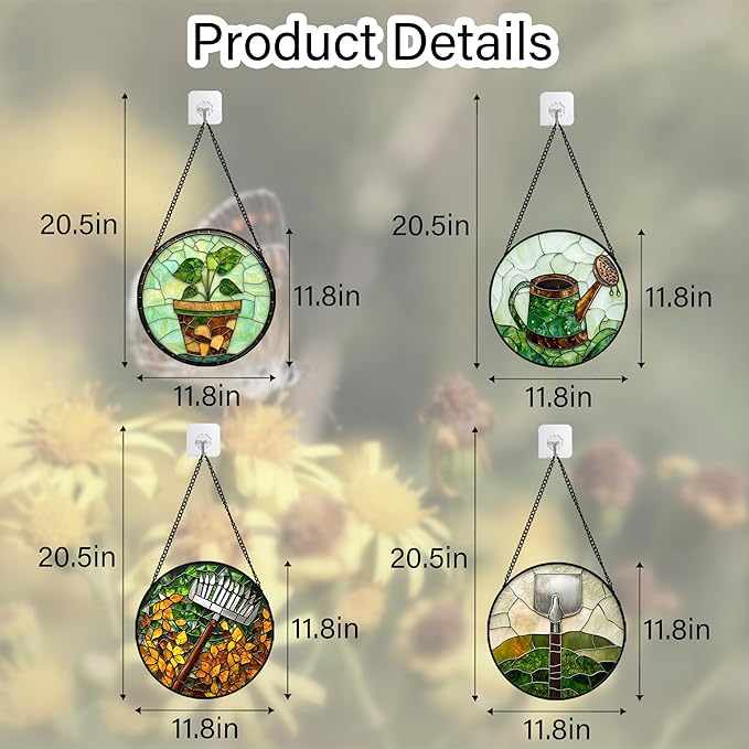 Stained Glass Window Hanging 4 Pcs Set Gardening Tools Large 11.8 - Suncatcher Door Garden Sun Catcher Decor Birthday Mother's Day for Gardener Men Woman Nana Mam Friend