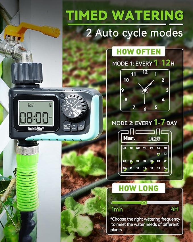 RAINPOINT Sprinkler Timer Programmable Water Timer for Garden Hose Outdoor Soaker Hose Timed with Rain Delay/Manual/Automatic Watering System Digital Irrigation for Yard Lawn 1 Outlet