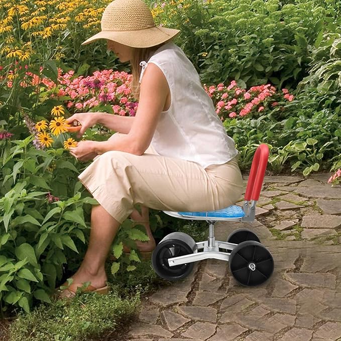 Garden Cart Rolling Stool with Wheels 360 Degree Adjustable Rolling Garden Seat Stool L-Shaped Outdoor Lawn Yard Patio Wagon Scooter with Foldable Backrest Bearing Capacity 330.69 Lbs