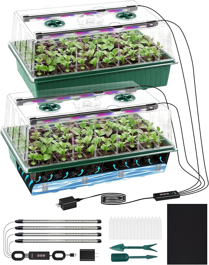 120-Cell Self-Watering Seed Starter Tray with Grow Light2 Sets of 60-Cell Seed Starter Kit with Tall Humidity DomeIndoor Seedling Starting Germination Kit with 4 Full-spectrum Growing Light Tubes