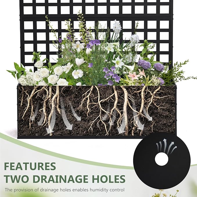 Metal Privacy Planter Box with Trellis Raised Garden Bed Privacy Screen with Drainage Holes Outdoor Metal Planter Box for Climbing Plants Patio &amp Garden 70 x 46 x 12 Black (1)