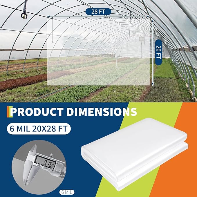 6 Mil Greenhouse Plastic Sheeting Heavy Duty Winter Greenhouse Cover Thickness Transparent Clear LDPE Polyethylene Film for Plants Farms Agriculture Garden Waterproof Sunlight Protection