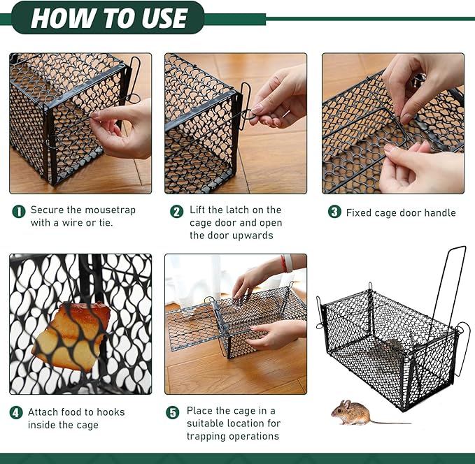 Qualirey 6 Pcs Humane Rat Trap Small Chipmunk Mouse Squirrel Cage Rodent Animal Voles Hamsters Cage Catch and Release Trap for Home Garden Indoor Outdoor(Black12 x 5.5 x 5.5 Inch)