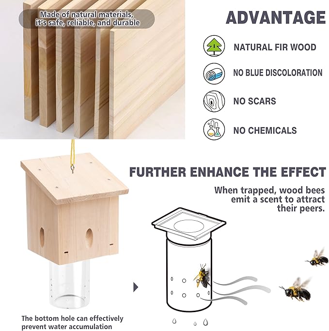 Carpenter Bee Trap for Outside - Pentroof Style Nature Hanging Wood Carpenter Bee Traps Outdoor - Best Bee Trap - Insect Traps with Removable Vault (1 Pack)