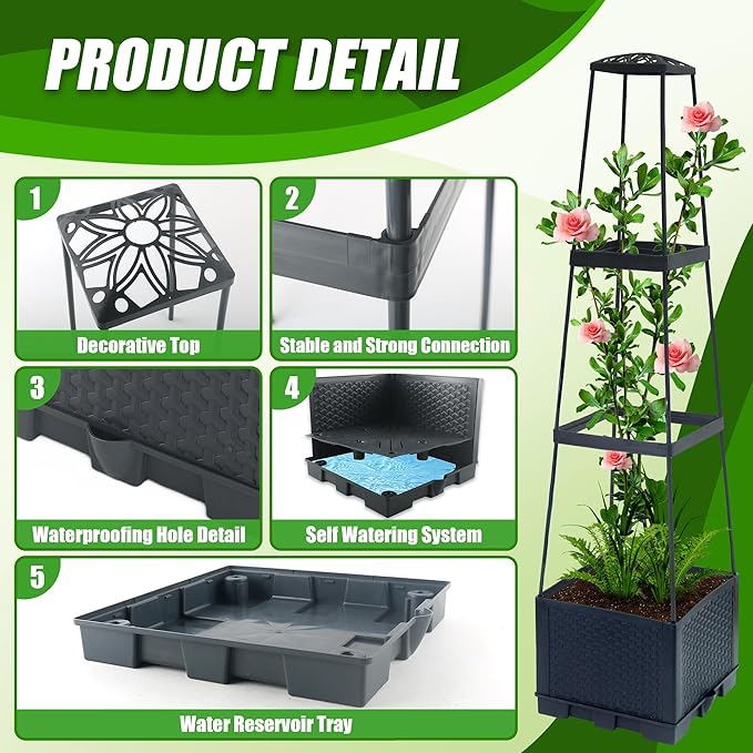 2 Packs Raised Garden Bed Tomato Planter Box with Trellis44.8 Self-Watering Tomato Cage with Trapezoidal Trellis for Climbing Plants Flowers Vegetables Vine in Patio Garden Indoor Outdoor