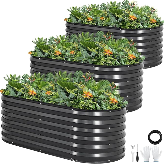 Galvanized Raised Garden Bed Outdoor |17'' Tall Planter Box Outdoor for Deep Root Plants | 3Pcs Raised Bed Kit for Gardening with Rubber Strip for Vegetables Flowers Fruits (Darkgrey 4x2x1.4FT)
