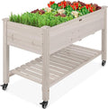 Best Choice Products Raised Garden Bed 48x24x32-inch Mobile Elevated Wood Planter w/Lockable Wheels Storage Shelf Protective Liner - White