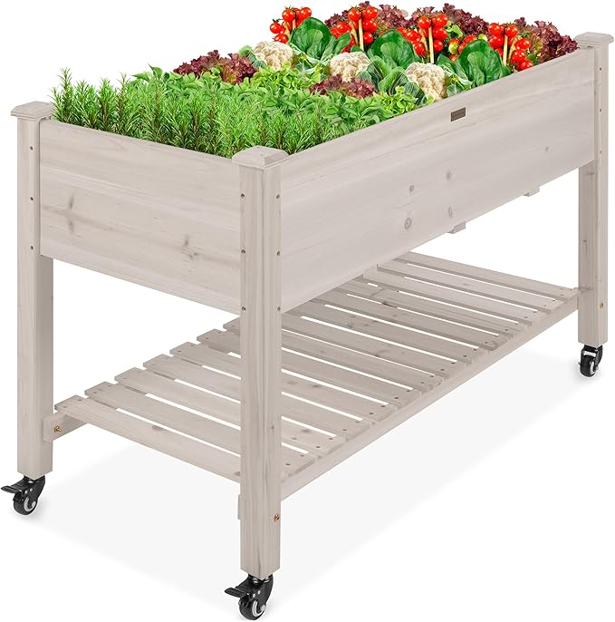 Best Choice Products Raised Garden Bed 48x24x32-inch Mobile Elevated Wood Planter w/Lockable Wheels Storage Shelf Protective Liner - White