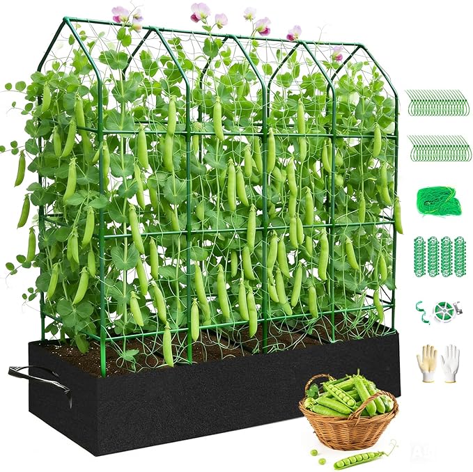 Large Pea Trellis for Climbing Plants Outdoor with Grow Bag67 Tall Metal U-Frame Plant Trellis for Peas with Garden Netting and Plant Clip Plant Ties for Vegetables Cucumber Tomatoes Squash Pea