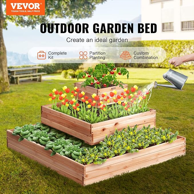 VEVOR 3 Tier Raised Garden Bed Wood Outdoor 45 x 45 x 20in High End Natural Fir Wood Planter Box Outdoor Planting Boxes for Flowers/Vegetables/Herbs in Backyard/Garden/Patio/Balcony with Open Base