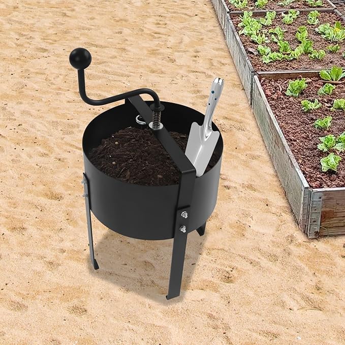 Manual Rotary Soil Sieve Carbon Steel with Plastic-Sprayed Finish 11.8x14.17 Inch Drum 24.41 Inch Height 0.07 m³ Capacity Includes Gloves and Spade