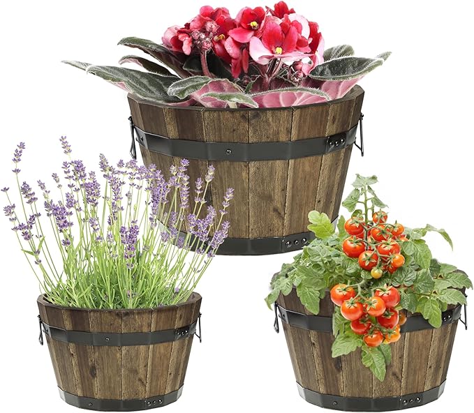 Idzo Set of 3 Wooden Flower Planters for Outdoor Plants Acacia Wood Barrel Planters Ergonomic Handles Drainage Holes Various Sizes Walnut