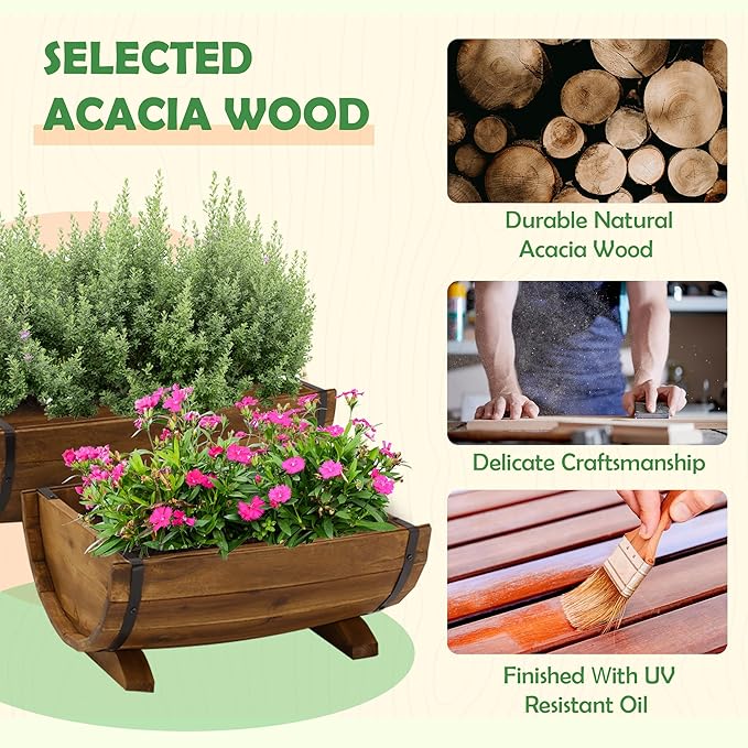 IDZO Solid Acacia Wood Half Barrel Planters Outdoor Set of 2 Different Sizes Wooden Planters for Outdoor Plants with Metal Bands &amp Drainage Holes Legs Included Brown