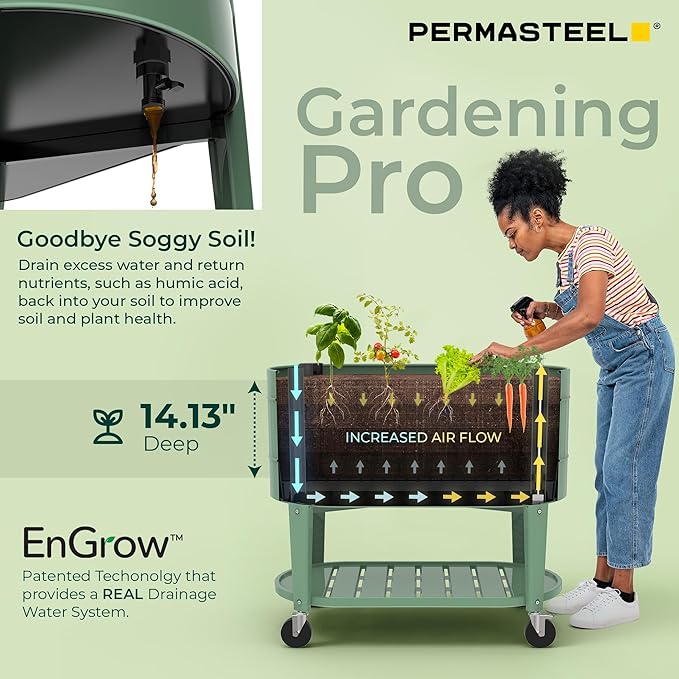 Permasteel Raised Garden Bed with Legs 40×20×37 in Planter Box with EnGrow™ TrueSoil™ Technology for Vegetables Flowers Herbs and Fruit Outdoor Indoor Storage Shelf Sage