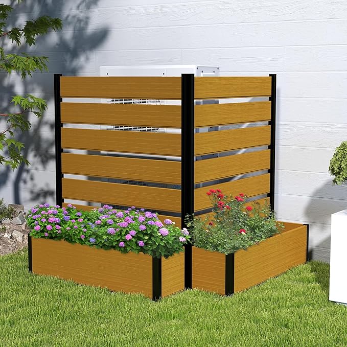 Vertical Screen Planter Bed - Raised Garden Box with Trellis for Climbing Plants Durable Privacy Fence Planter for Outdoor Patio Deck Aluminum Frame Yellow Teak with Base