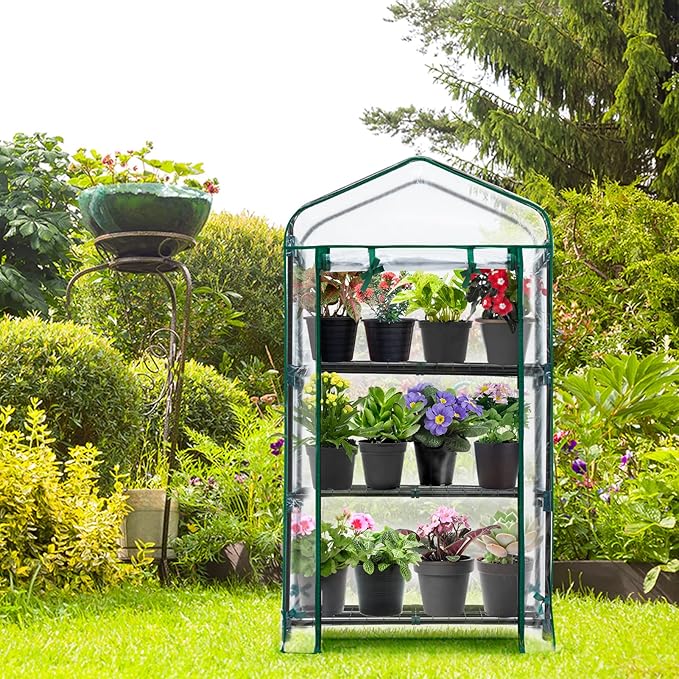 EAGLE PEAK 3-Tier Mini Greenhouse Portable Green House with Shelves &amp Weather-Resistant PVC Cover Small Greenhouse for Seedlings &amp Gardening Gifts 27x19x50 in Clear