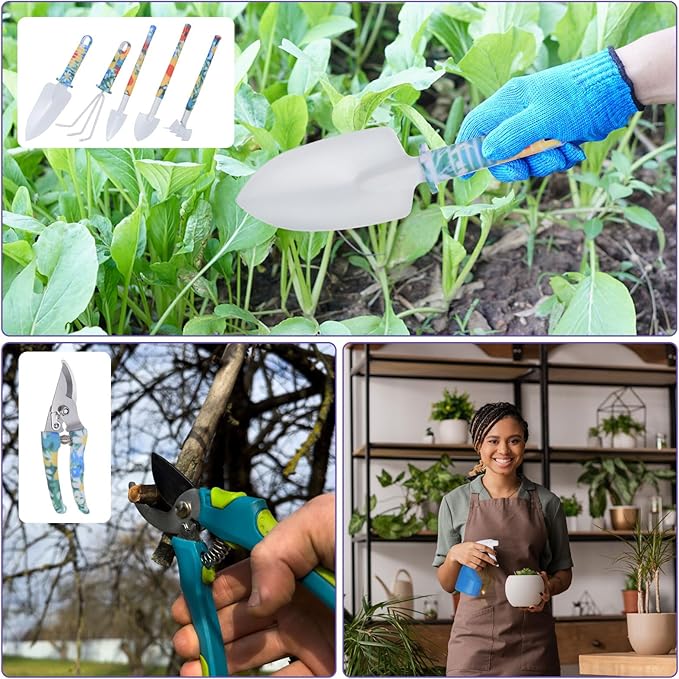 HARFINGTON 1 Set Garden Tool Set 10 Pieces Plastic Gardening Planting Tools Kit with Shovels Rake Scissor Trimmer Water Sprayer and Store Case Purple