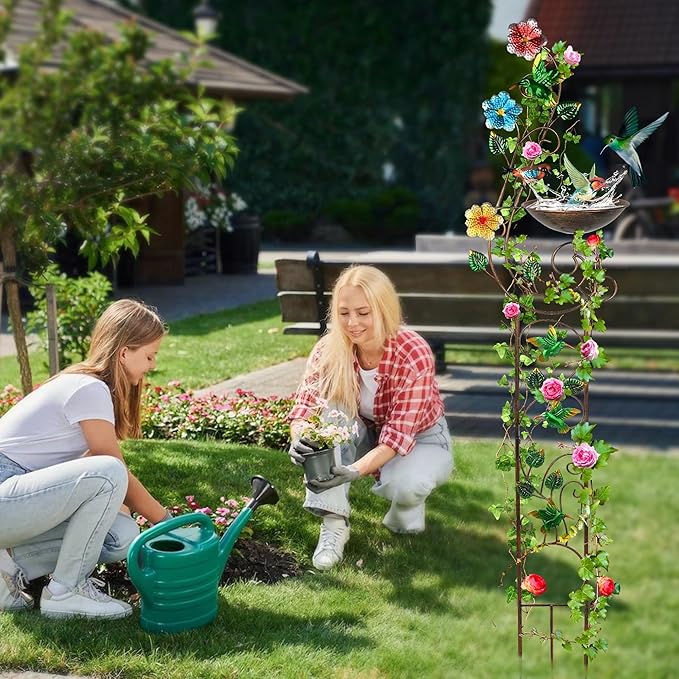 57” Bird Bath with Garden Trellis for Climbing Plants Outdoor Small Decorative Trellises Metal Birdbath Bird Baths 1 Piece (Hummingbird)