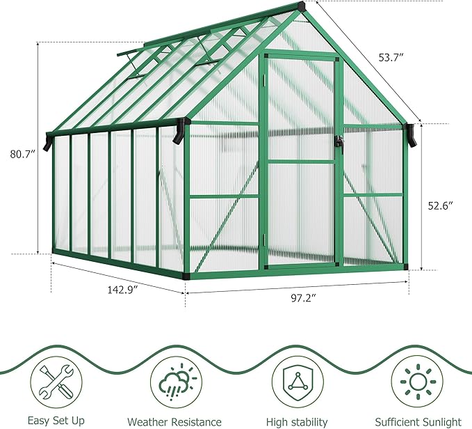 CABIHOME 8x12 FT Outdoor Greenhouse Polycarbonate Greenhouse with Roof Vent and Ground Nails Aluminum Large Walk-in Green House w/ Lockable Push Door for Outside Garden Backyard (Green 8x12 FT)