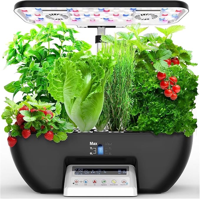 Herb Garden Kit17 Pods Hydroponics Growing System with 28W Full-Spectrum Grow Lights &amp 2 Fans Indoor Garden with Water Pump 10L Water Tank Auto Timer Height Adjustable