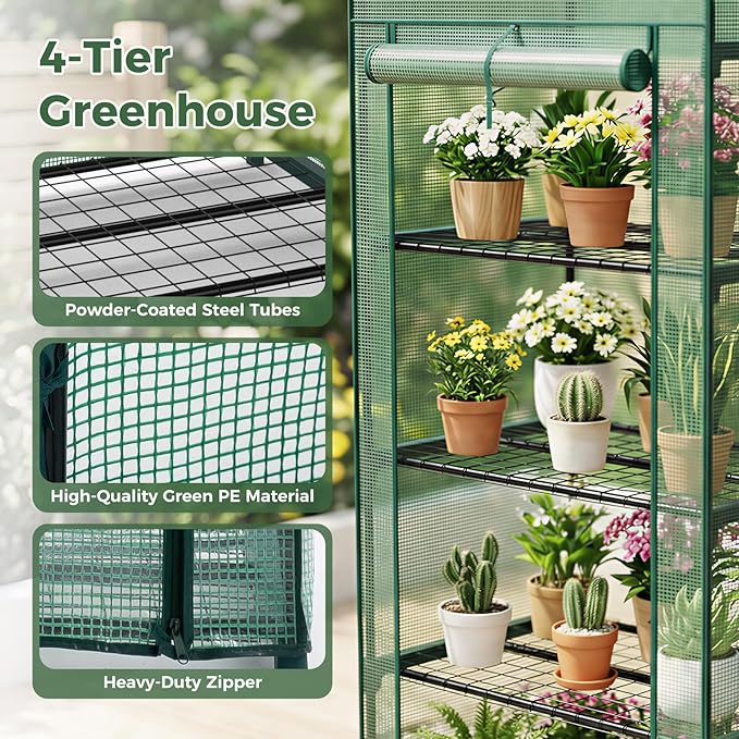 NEWBULIG 4-Tier Mini Greenhouse for Outdoors Small Green House with Sturdy Frame and Durable Green PE Cover Portable Greenhouse for Outside and Indoor Use 27.17 x 19.29 x 63.4 Inches