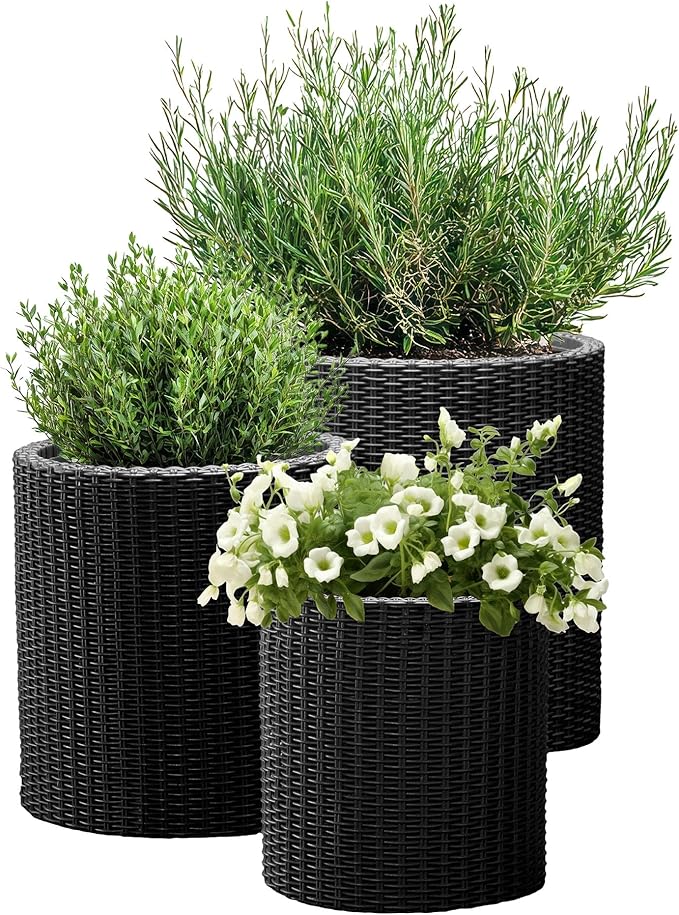 Keter Cylinder Set of 3 Rattan Resin Planter for Indoor and Outdoor Plants Ideal Decorative Planter for Porches and Patio Decor Black
