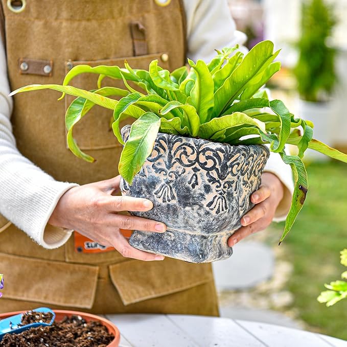 Sungmor 6.5 Inch Cement Plant Pot for Plants Succulent Planter with Embossed Design Vintage Concrete Flowerpots with Drainage Hole Decorative Orchid Houseplant Pot Indoor Outdoor Plant Container