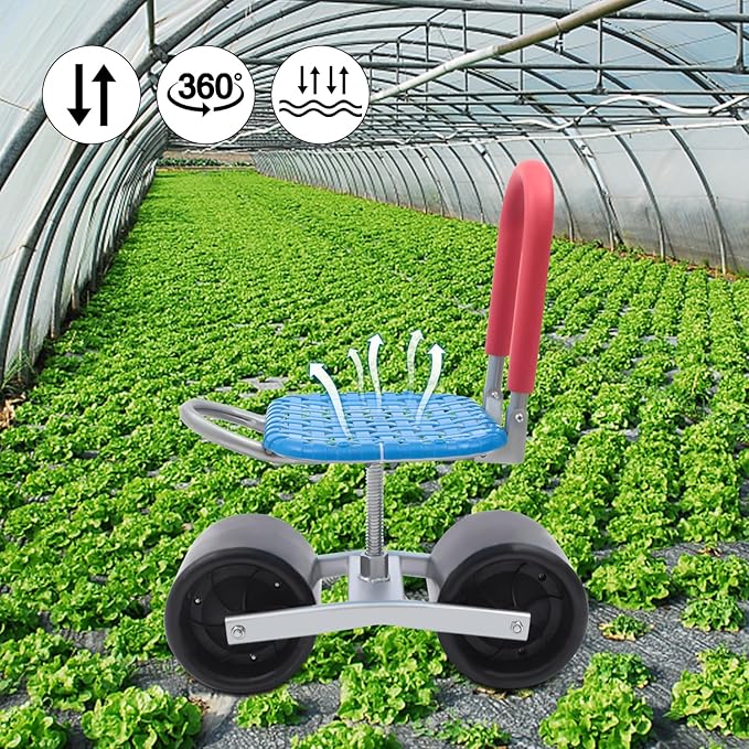 Garden Rolling Stool 7-16inch Adjustable Height Stool with 3 Wheels 220lbs Capacity 360° Rotating Garden Stool for Farm Greenhouse Gardening Picking
