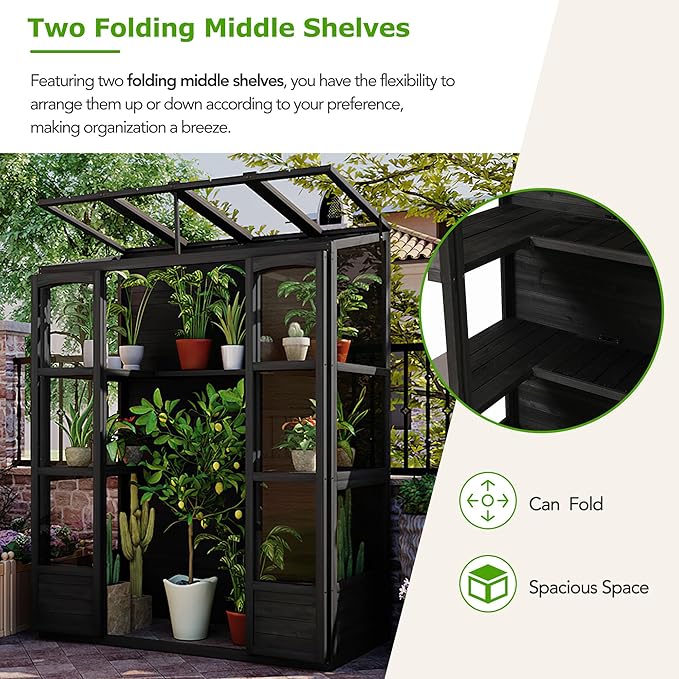 Walk-in Greenhouse for Outdoor 78 Inch Wooden Green House Cold Frame with 2 Doors 4 Openable Independent Skylights 2 Folding Middle Shelves Heavy Duty Plant Gardening Green House for Backyard Black