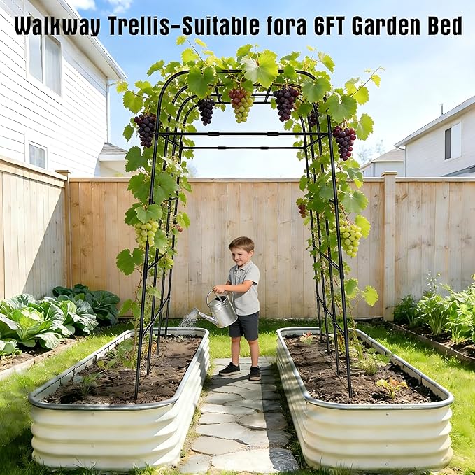 7Ft Adjustable Garden Arch Trellis for Climbing Plants Outdoor Heavy Duty Rustproof Stainless Steel Cucumber Trellis for Raised Beds Tall Metal Plant Support for Tomato Squash Beans Flowers
