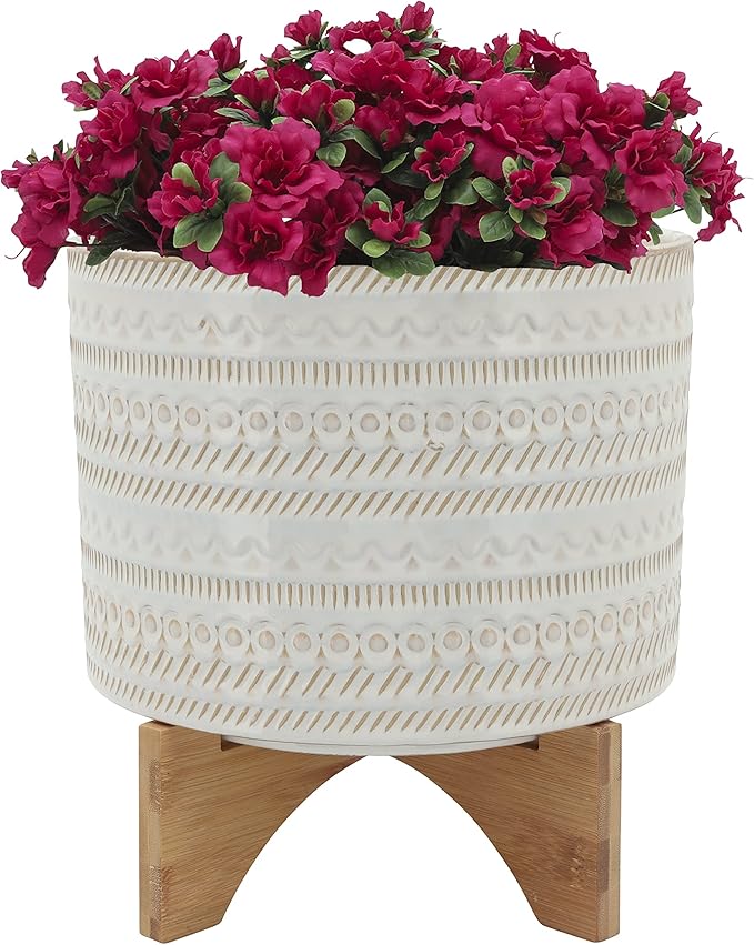Generic 10 Tribal Planter W Wood Stand Beige