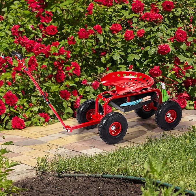 Rolling Garden Cart Wagon Lawn Yard Patio Work Seat Gardening Stool Cart with Storage Basket Adjustable Swivel Seat OutdoorRolling Workseat with Wheels Garden StoolGarden ScooterGarden Seat - Red