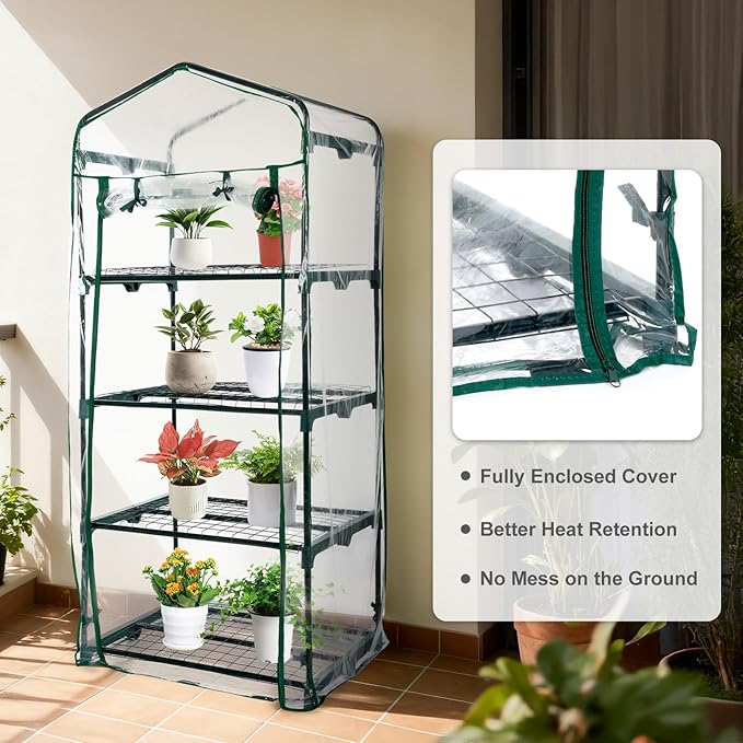 Aoodor 27x19x63 Inch 4 Tier Upgrade Greenhouse with Protective PE/PVC Base for Tidier and Cleaner Indoor Outdoor Gardening on The Deck Patio or Backyard Transparent