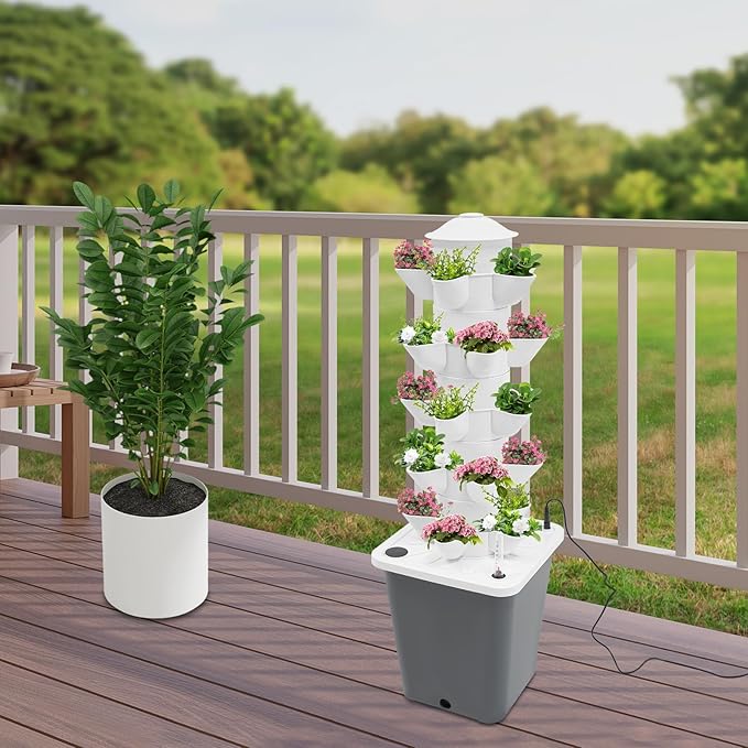 Hydroponic Growing System(No Seedlings Included) 25-Pod Hydroponic System12V 3W Outdoor Indoor Vertical Garden Home Gardening System for Indoor Herbs and Vegetables (Grey)