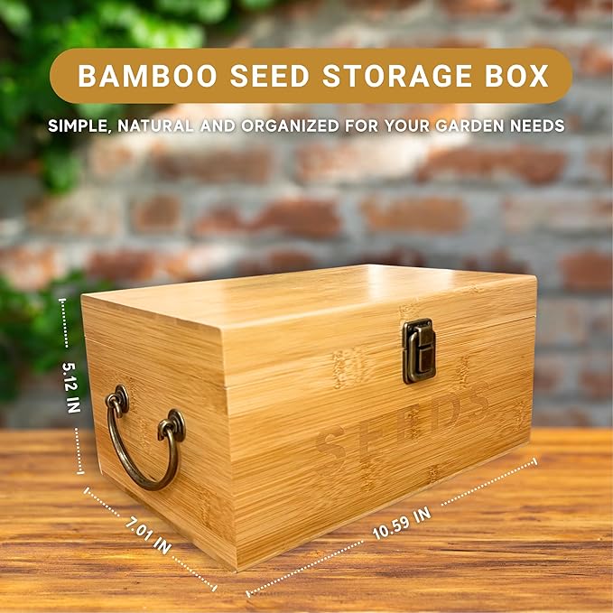Bamboo Garden Seed Storage Organizer Box Wooden Seed Box with Removable Dividers Metal Handle and Latch Seed Keeper Organizer for Garden Seed Packets and Storage (10.59 x 7 x 5.12 in)