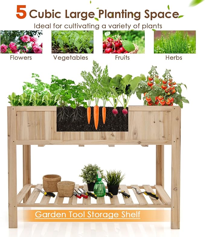 S AFSTAR 47x23x35in Raised Garden Bed Wooden Elevated Planter Box with Solid Legs Storage Shelf Planter Liner Outdoor Standing Planter Bed for Growing Vegetables Flowers Herbs Garden Yard Patio