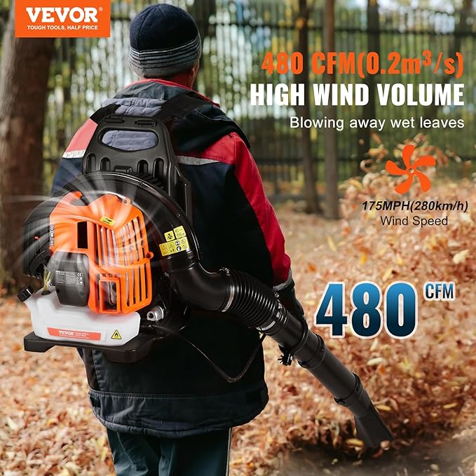 VEVOR Backpack Leaf Blower 52CC 2-Cycle Leaf Blower with 1.37L Fuel Tank 480CFM Air Volume 175MPH Speed Ideal for Lawn Care Leaf Cleaning and Snow Removal