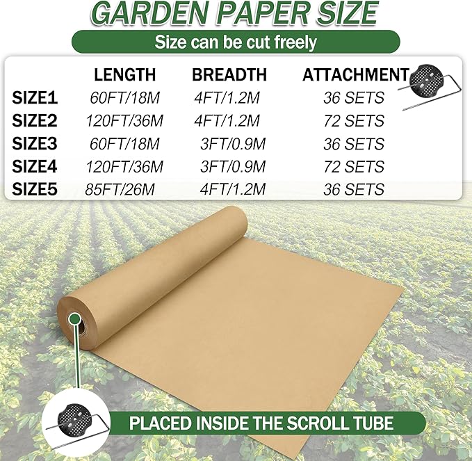 85 x 4 Ft Biodegradable Paper Weed Barrier Garden Paper Weed Barrier with U-Shaped Ground Nails Biodegradable Landscape Fabric Weedguard Plus Paper Mulch for Weed Control &amp Holds Soil Moisture