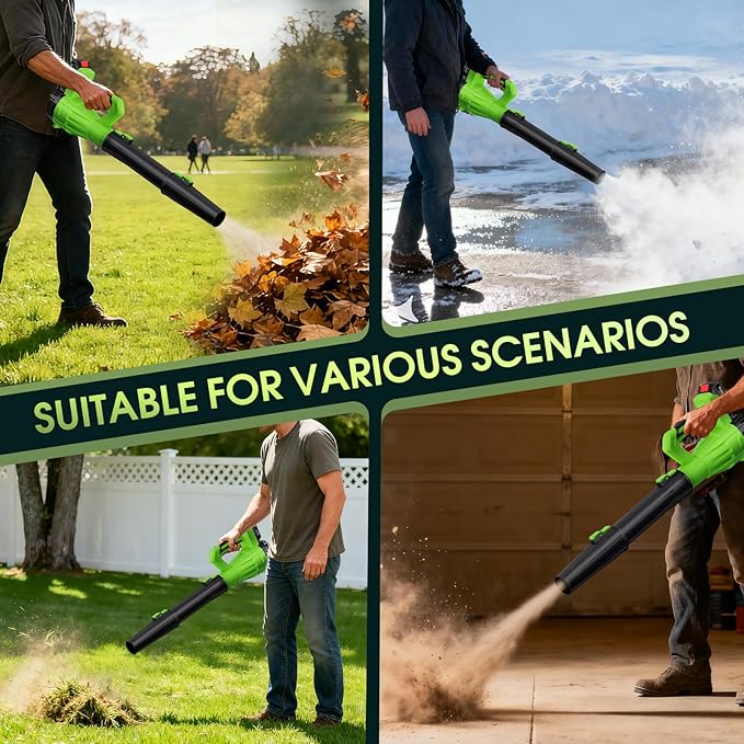 Cordless Leaf Blower 21V 6-Speed High Power Electric Blower with 6.0Ah Battery Lightweight Design 2 Batteries &amp Fast Charger for Lawn Patio Dust and Leaves（Black Green）