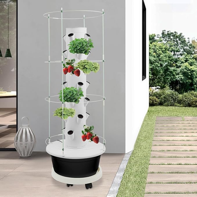 Hydroponic Growing Tower with Climbing Trellis 30L Water Tank &amp Automatic Timer Indoor Outdoor Vertical Garden System for Vegetables Herbs Strawberries (Black - 28 Holes)