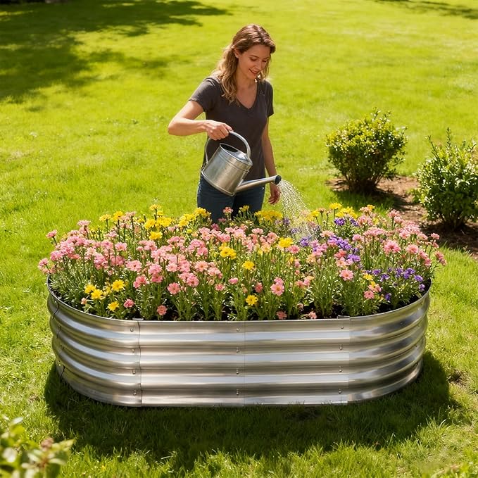 HGD Galvanized Raised Garden Bed Kit Galvanized Planter Garden Boxes Outdoor Oval Large Metal Raised Garden Beds for Vegetables &amp Flower (2 Pack)